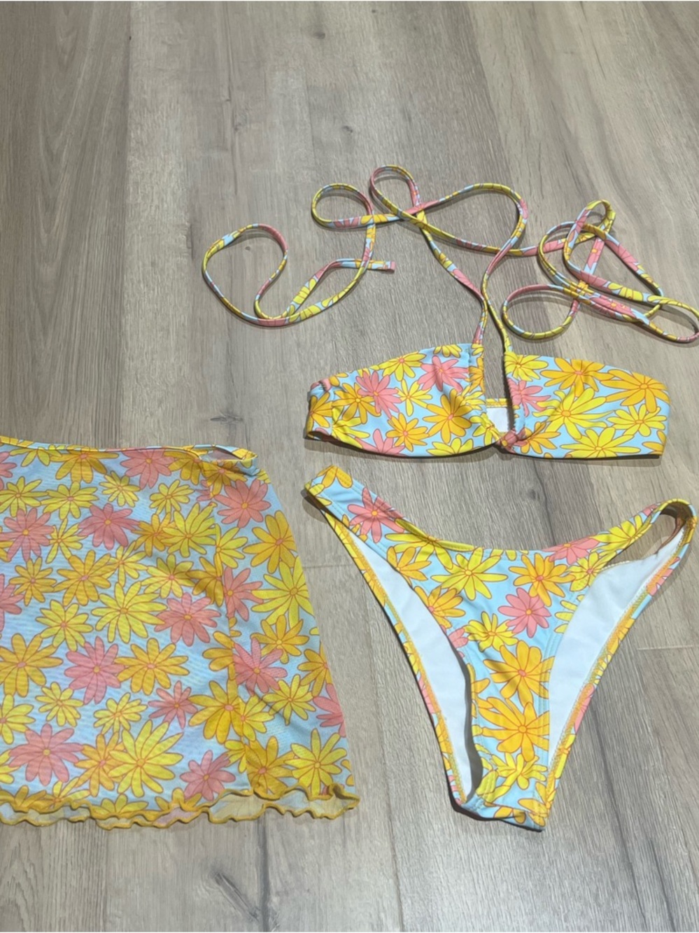 SHEIN Yellow Floral Girls Bikini Set with Skirt